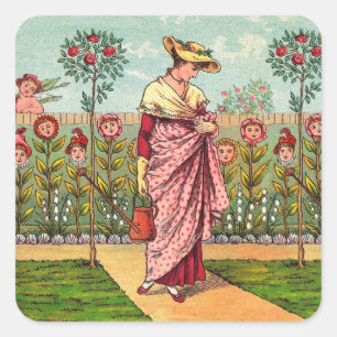 Garden Grow Flower Woman Art Antique Square Sticker