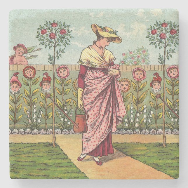 Garden Grow Flower Woman Art Antique Stone Coaster (Front)