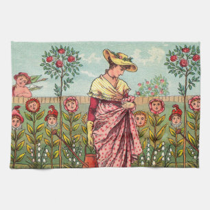 Garden Grow Flower Woman Art Antique Tea Towel
