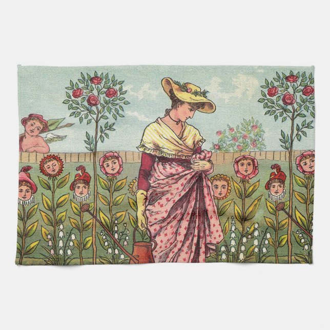 Garden Grow Flower Woman Art Antique Tea Towel (Horizontal)