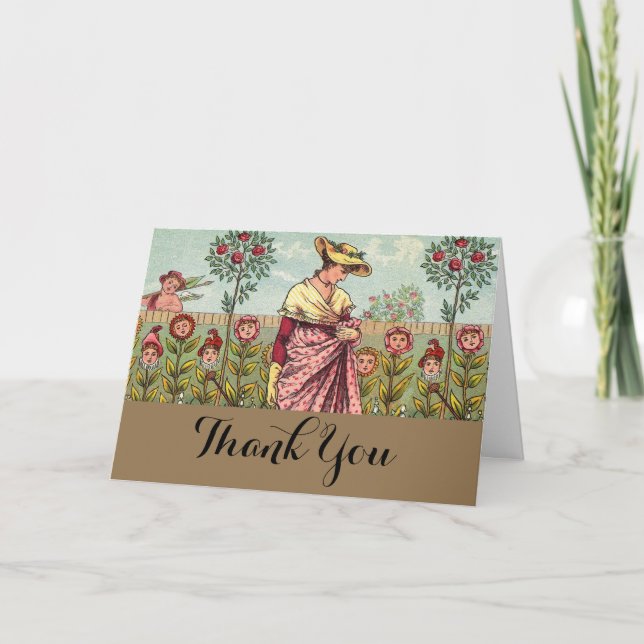 Garden Grow Flower Woman Art Antique Thank You Card (Front)