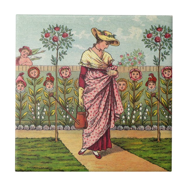 Garden Grow Flower Woman Art Antique Tile (Front)