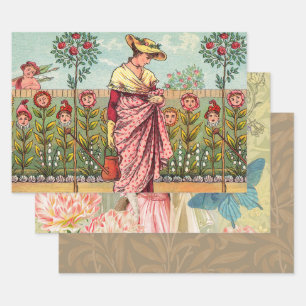 Garden Grow Flower Woman Art Antique Wrapping Paper Sheet