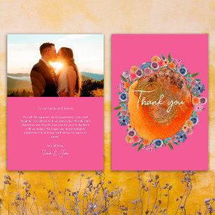 Garden Hot Pink Boho Wildflower Photo Wedding Thank You Card