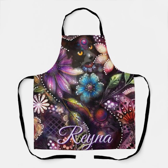 Garden Kitty Cat Floral Abstract Personalised Apron (Front)
