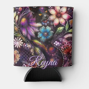 Garden Kitty Cat Floral Abstract Personalised Can Cooler