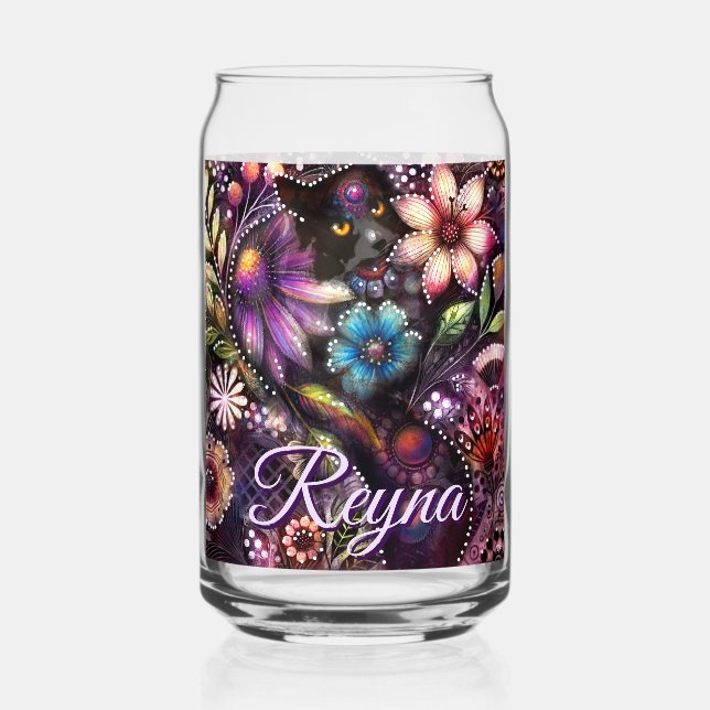 Garden Kitty Cat Floral Abstract Personalised Can Glass (Front)