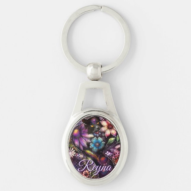 Garden Kitty Cat Floral Abstract Personalised Key Ring (Front)