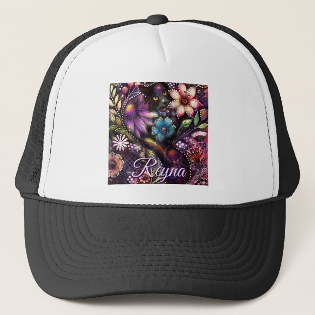 Garden Kitty Cat Floral Abstract Personalised Trucker Hat (Front)