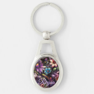 Garden Kitty Cat Floral Abstract Personalized Key Ring