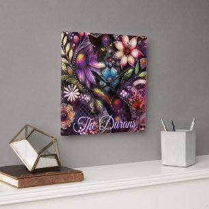 Garden Kitty Cat Floral Abstract Personalized Square Wall Clock
