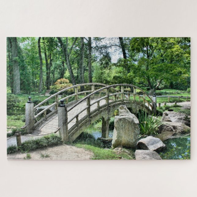 Garden landscape Japanese bridge stream trees Jigsaw Puzzle (Horizontal)