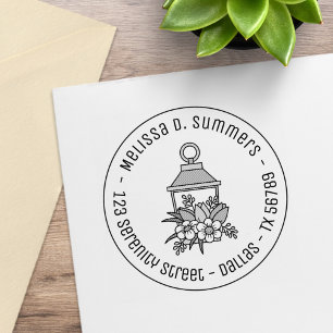 Garden Lantern Flowers Round Address 3 Rubber Stamp