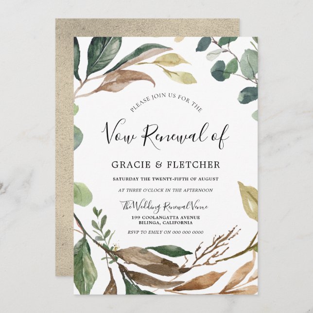 Garden Leaf Wreath Elegant Marriage Vow Renewal Invitation (Front/Back)