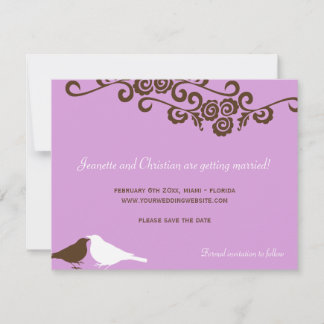 Garden love birds purple wedding save the date invitation