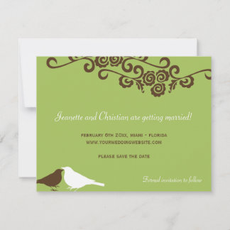 Garden love birds tea green wedding save the date invitation