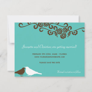 Garden love birds teal blue wedding save the date invitation