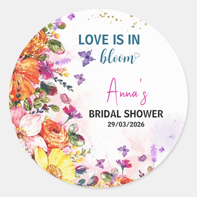 Garden love is in bloom wildflower bridal shower classic round sticker (Front)