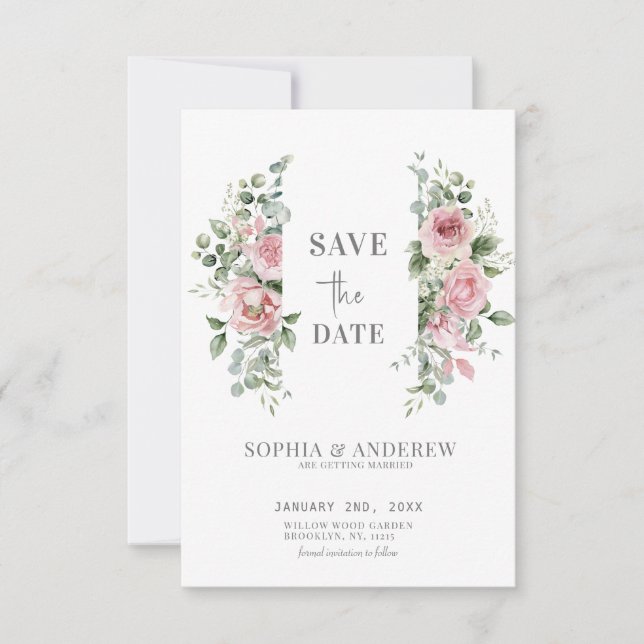 Garden Love Pink Rose Peony Wedding  Save The Date (Front)