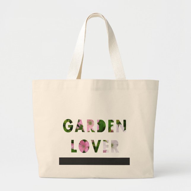 Garden Lover Floral Text Pink White Green Large Tote Bag (Front)