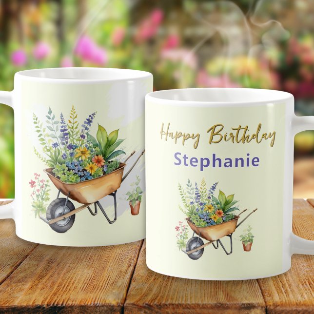 Garden Lover Wheelbarrow Watercolor Happy Birthday Coffee Mug (A personalized mug for garden lovers, with Happy Birthday greeting and watercolor-style wheelbarrow)