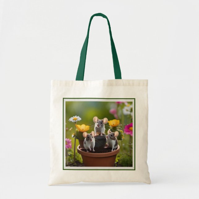 "Garden Mischief: Three Mice in Flower Pots" Tote Bag (Front)