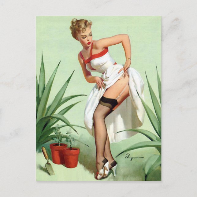 Garden Mishap Pin Up Postcard (Front)