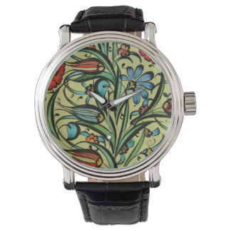 Garden Mosaic Vintage Leather Strap Black Watch