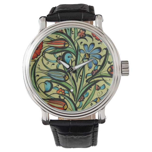 Garden Mosaic Vintage Leather Strap Black Watch (Front)