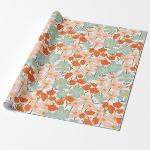 Garden of beautiful hand-drawn flowers in pink, or wrapping paper