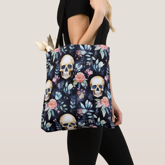 Garden of Bones Reusable Tote Bag Skulls and Roses (Close Up)