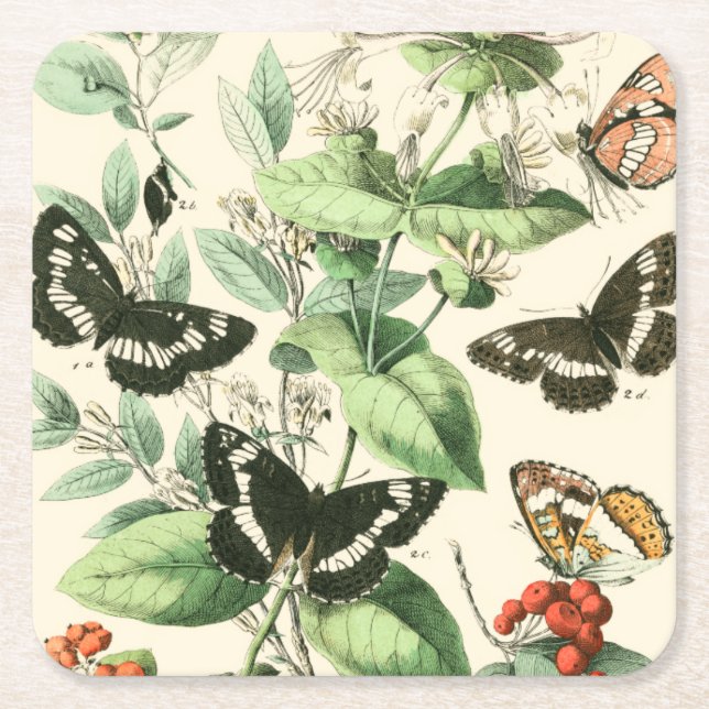 Garden of Butterflies and Flowers Square Paper Coaster (Front)