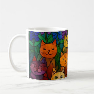 Garden of Cats Stained-Glass Cat Art with Flowers Coffee Mug