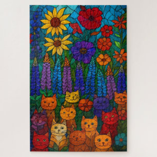 Garden of Cats Stained-Glass Cat Art with Flowers Jigsaw Puzzle