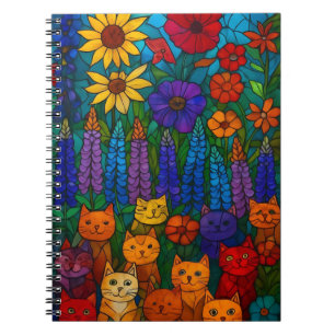 Garden of Cats Stained-Glass Cat Art with Flowers Notebook