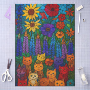 Garden of Cats Stained-Glass Cat Art with Flowers Tissue Paper