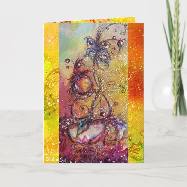 GARDEN OF THE LOST SHADOWS -BUTTERFLY PLANT yellow Holiday Card (Front)