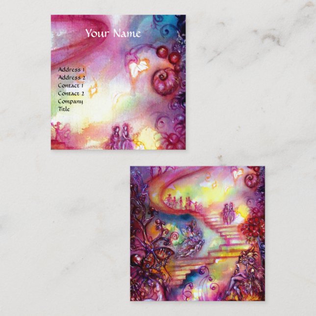 GARDEN OF THE LOST SHADOWS ,MYSTIC STAIRS pink red Square Business Card (Front/Back)