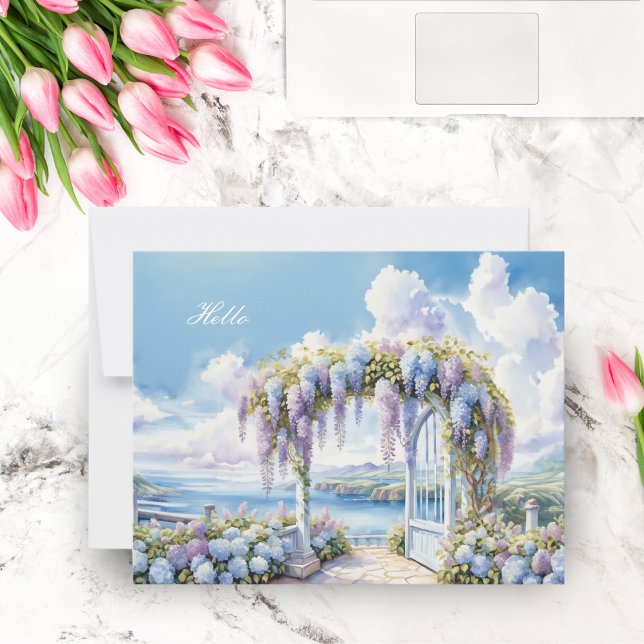 Garden Of Wisteria Watercolor AI Artwork Card (Wander through wisteria wonders with this captivating watercolor AI artwork. Sending you serenity.)