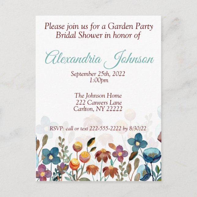 Garden Party Bridal Shower Invitation Budget Postcard (Front)