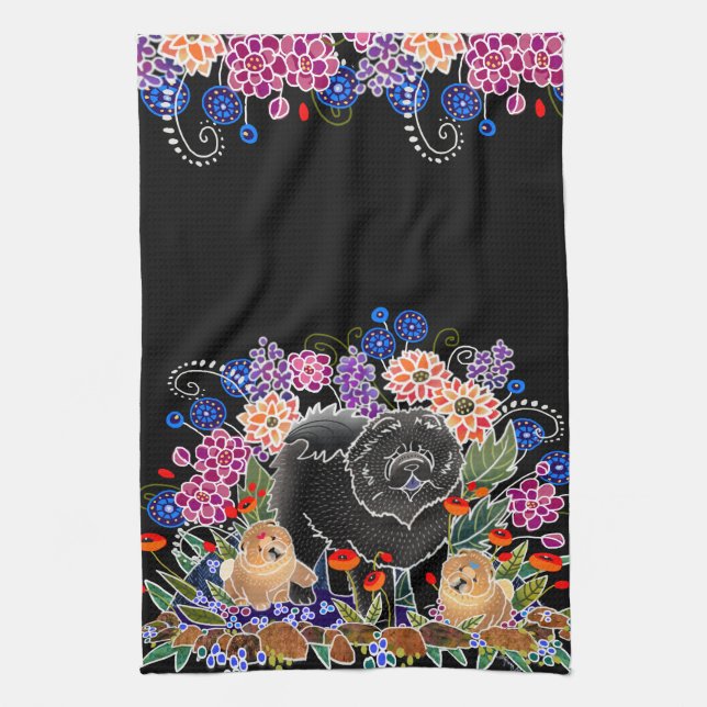 GARDEN PARTY chow  kitchen towel  black background (Vertical)