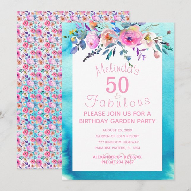Garden Party Custom 50 and Fabulous 50th Birthday Invitation (Front/Back)