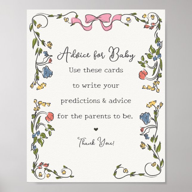 Garden Party Floral Baby Shower Advice for Baby Poster (Front)