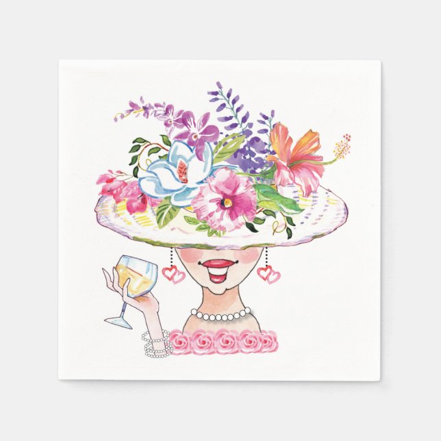 Garden Party Flower Hat Lady _White Wine Napkins (Front)