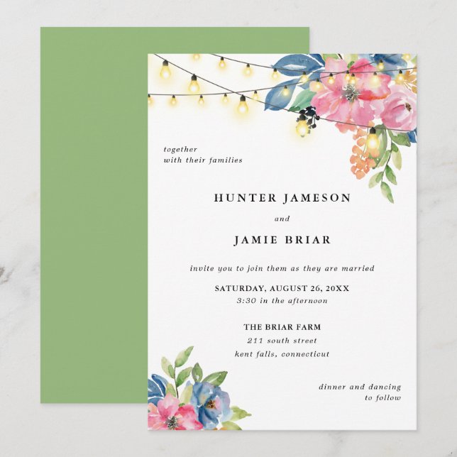 Garden Party, Flowers and Twinkle Lights Wedding Invitation (Front/Back)
