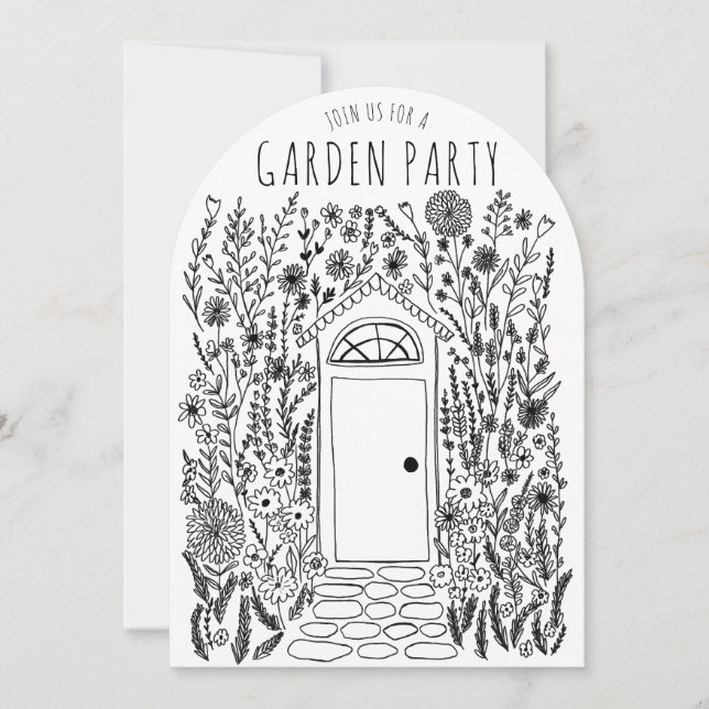 GARDEN PARTY Flowers Door Hand-Drawn Doodle  Invitation (Front)