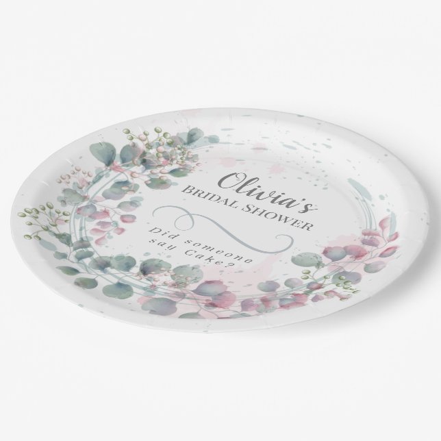 Garden Party Pink and Green  Eucalyptus Paper Plate (Angled)