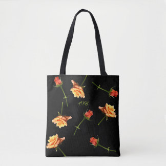 "Garden Party" Roses All Over Print Tote Black Gr Bag