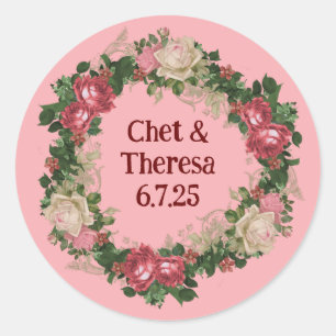 Garden Party Roses Wedding Floral Wreath Classic Round Sticker