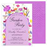 Garden Party Watercolor Wildflower 70th Birthday Invitation<br><div class="desc">A purple Boho arch surrounds your 70th Birthday party details. Colourful wildflowers add a floral touch in purple, orange yellow and red. Modern script also in purple adds a trendy vibe that is also feminine. The back is deep purple with a subtle watercolor chevron pattern. This item coordinates with the...</div>